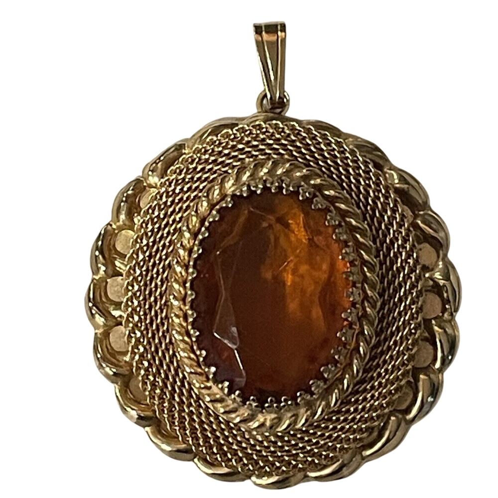Vintage Pendant Necklace Gold Tone Victorian Revival Jewelry Faux Amber Stone